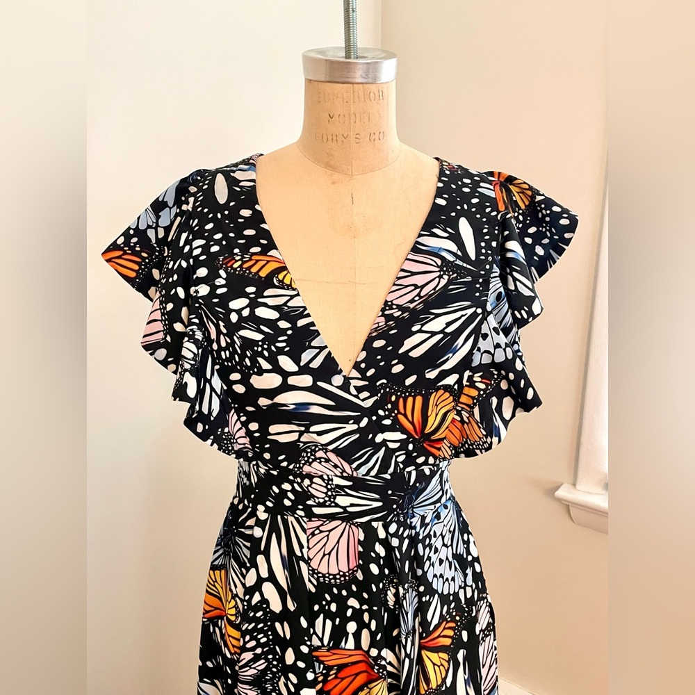 Aqua Black Butterfly Print Maxi Dress with Blue Orange Accents Sz M Runs Small - Picture 3 of 11